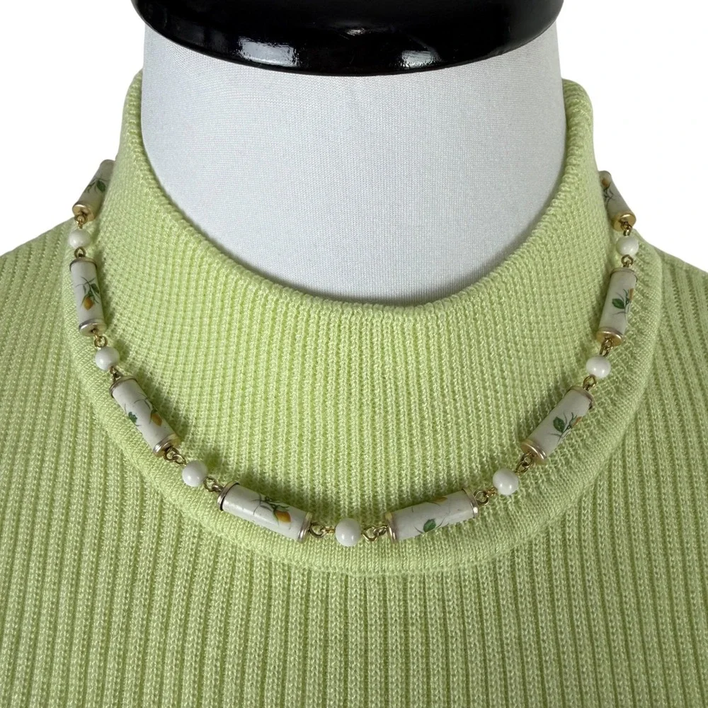 Vintage Floral Porcelain Tube Bead & White Round Bead Long Necklace 38 Inch Gold